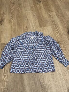 Maeve Anthropologie Blue Burgundy Floral Ruffle Blouse M